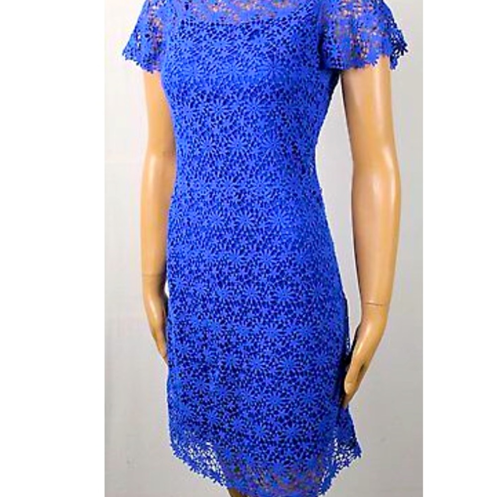 Lauren Ralph Lauren Knee Length Short Sleeve Royal Blue Lace Dress